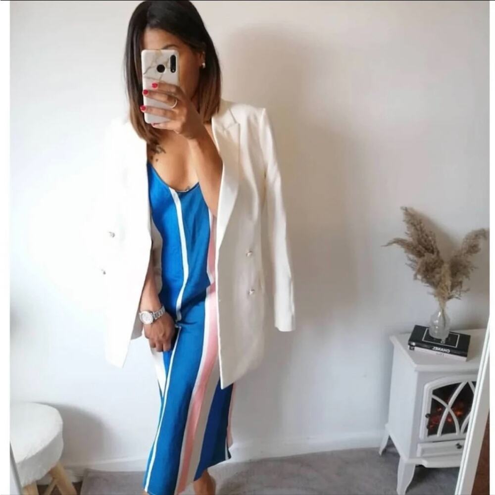 H&M X LEMLEM Blue and Pink Stripe Satin Slip Midi Dress Size Small